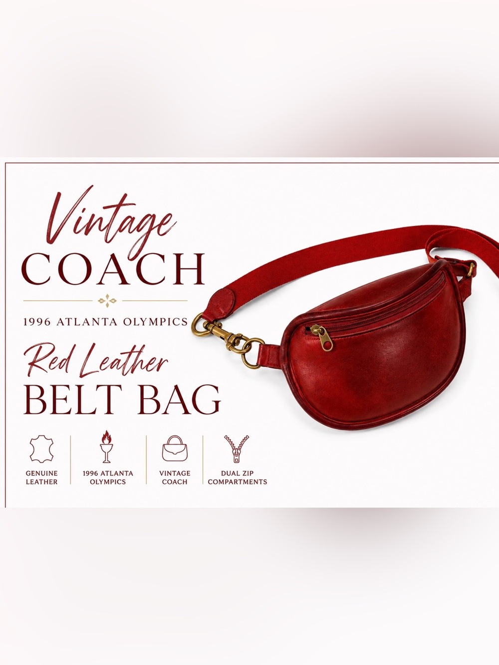 Vintage Coach 1996 Atlanta Olympics Red Leather Belt Bag Fanny Pack USA Rare